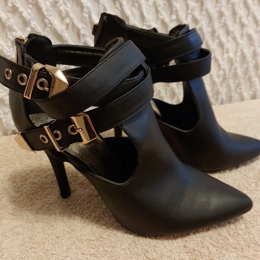 Gold Studded Double Ankle Strap Bootie Heels, Back Zip - Picture 2 of 8